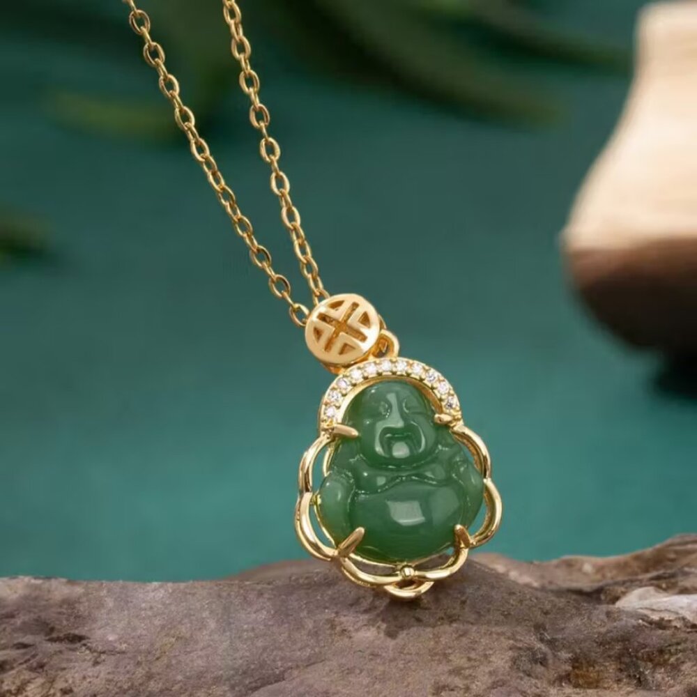 14K Gold Womens 1ct Diamond Jade Buddha Necklace New 14 K Silver Buddah Jewelry